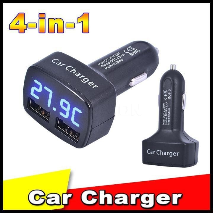 Charger Mobil 4 In 1 USB Voltmeter, Ampere Meter, Temperature Suhu Car Charger with Dual 3.1A output