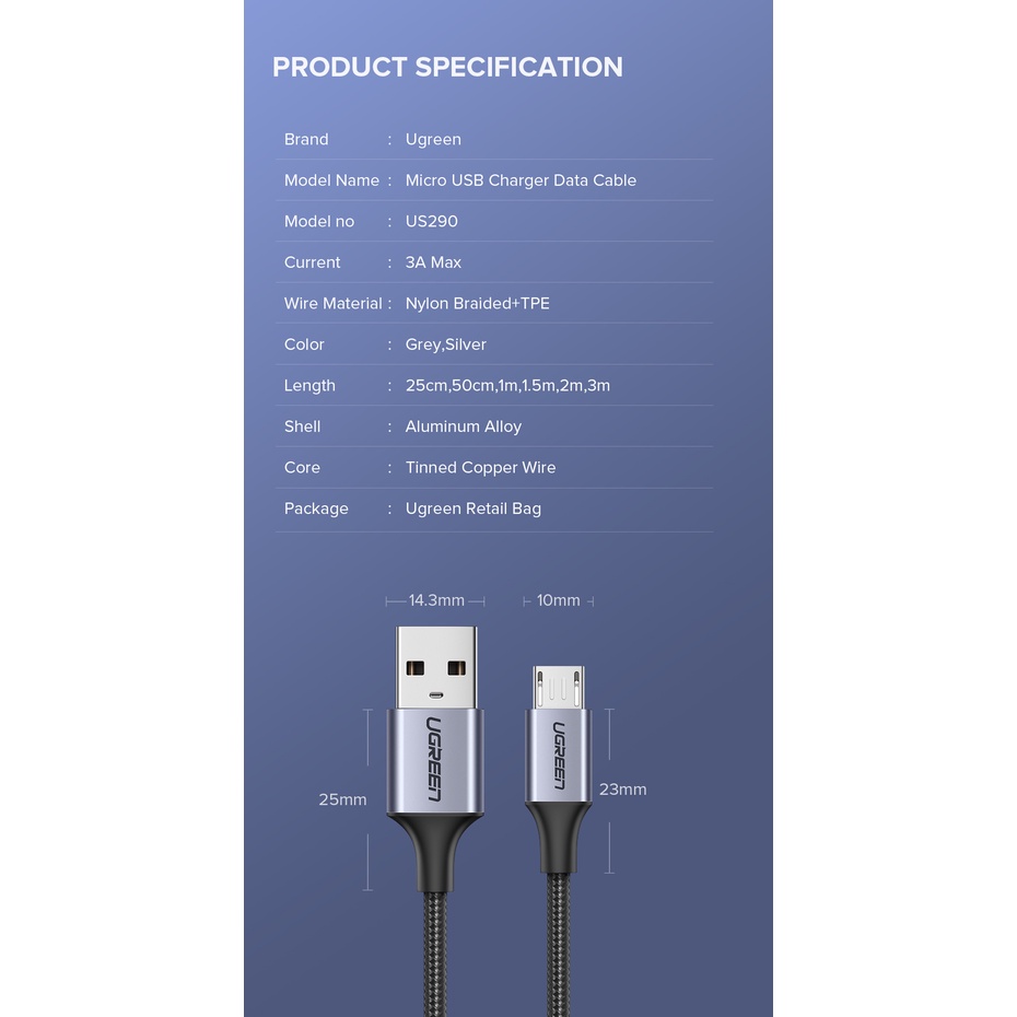 【Stok Produk di Indonesia】Ugreen Kabel Data / Charger Micro USB 3A Fast Charging Bahan Nilon Untuk Samsung / Xiaomi / HTC