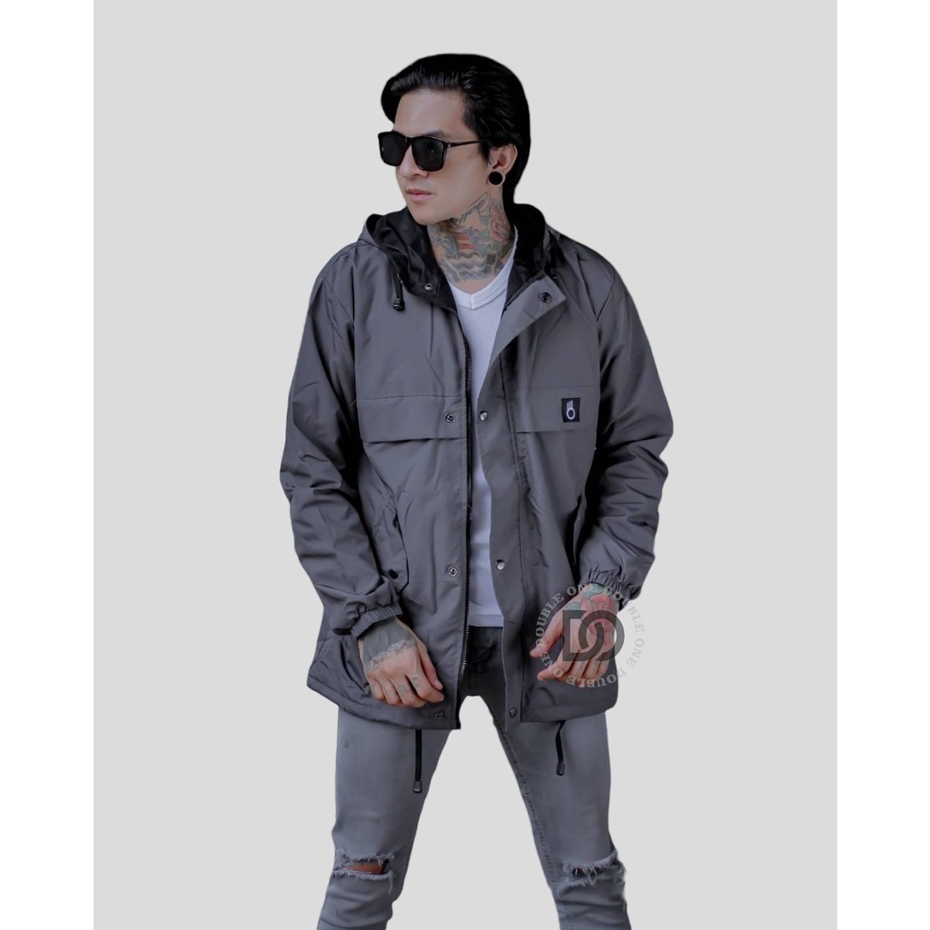 DOUBLE ONE - Jaket Hoodie Pria Outdoor Taslan Original The Bojiel / Jaket Parka Parasut / Jaket Hoodie Waterproof Abu - Abu