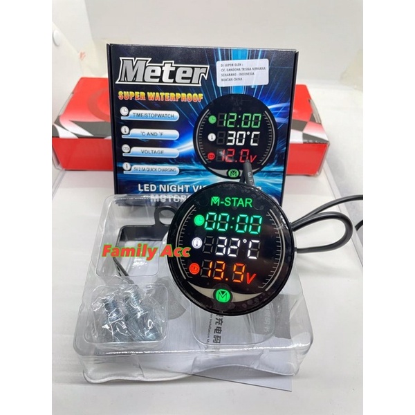 Voltmeter Bulet 3 in 1 LED VOLTMETER Voltage Temperatur Farenhet Waktu Jam Voltmeter 3in1 WATERPROOF