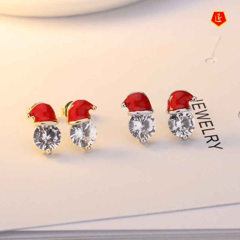 [Ready Stock]Inlaid Moissanite Santa Claus Hat Earrings Cute