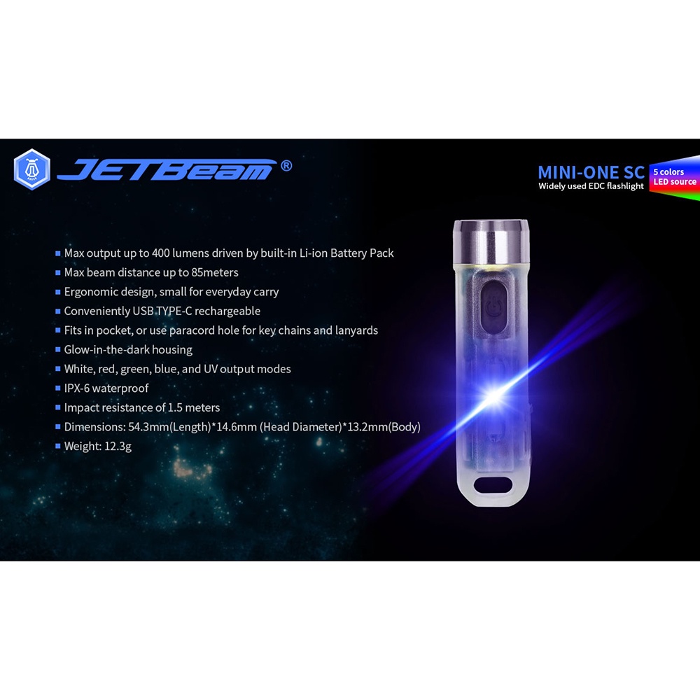 JETBeam Mini One SC Senter LED Mini EDC USB Rechargeable 5 Color 400 Lumens - Silver
