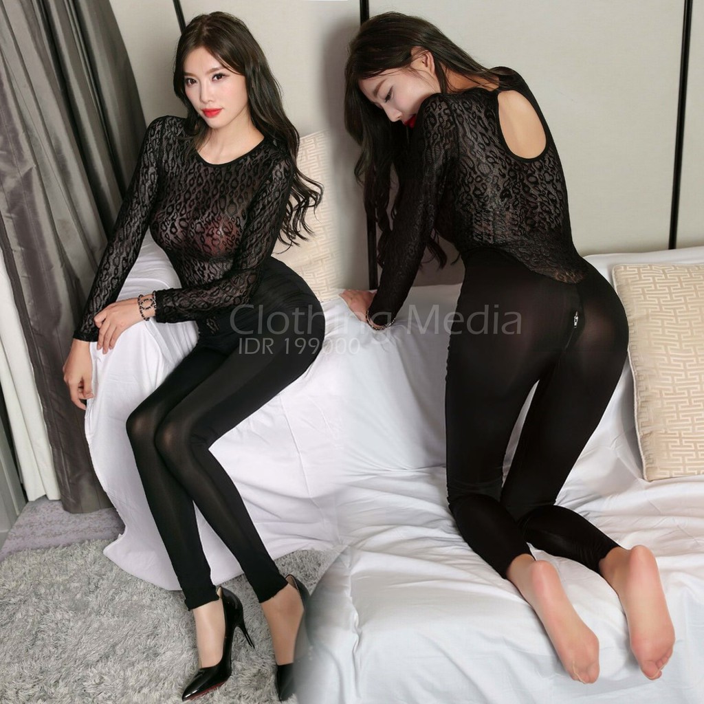 Full Bodysuit Silky Lembut Renda Atas Transparan Lengan Panjang Selangkangan Resleting