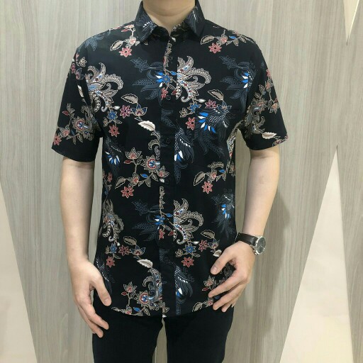 [gridline - Ls040 Black & Navy] Kemeja Batik Slimfit Pria Katun Lengan Panjang