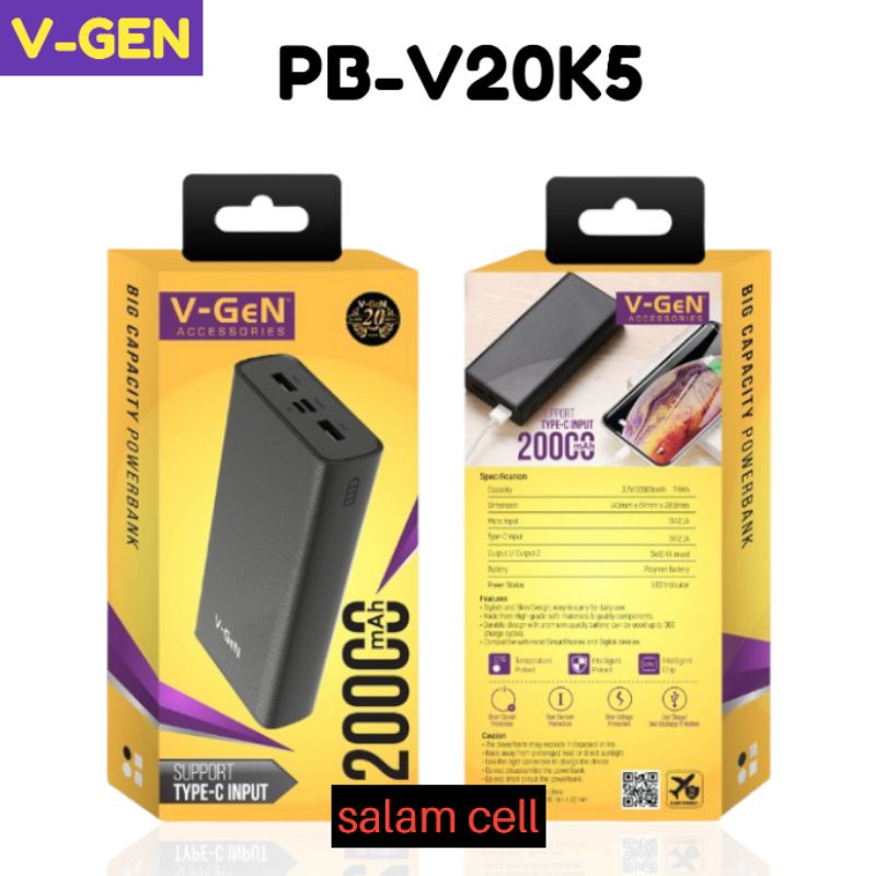 Power bank V-GeN V20K5  20.000mAh Support Type C Input Original Vgen Garansi Resmi