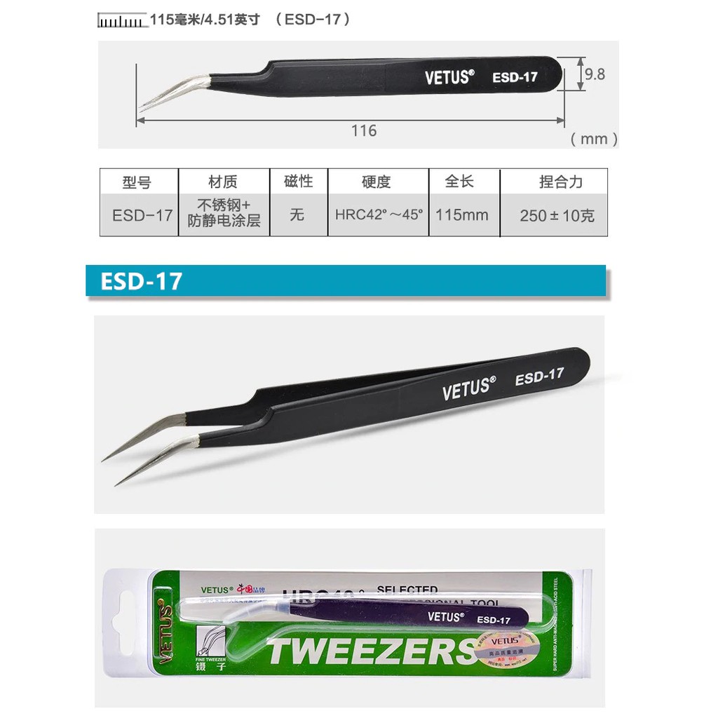 Pinset VETUS Authentic Anti-Static Tweezers Hitam Black Bengkok Lurus Teknisi Mekanik