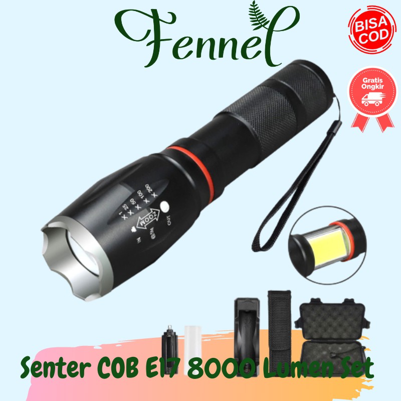 Paket Senter LED E17 COB  T6 8000 Lumens  Charger Box Set