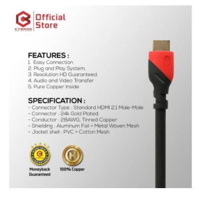 Kabel hdmi 2.0 cyborg 3m gold m-m 4k 2k uhd hdr hdcp ethernet for pc laptop ps 3 4 dvd - Cable hdtv 3 meter 3d