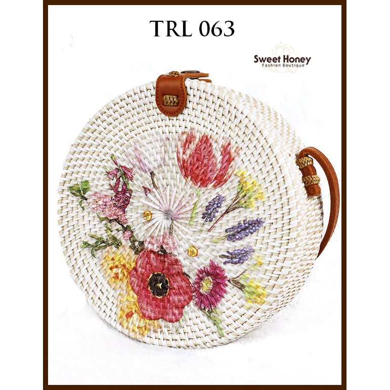 Sweet Honey ~ Grosir Tas Rotan Selempang Bulat Murah 20cm Lukis Decoupage Bunga TRL063 [Bisa COD Bayar di tempat]