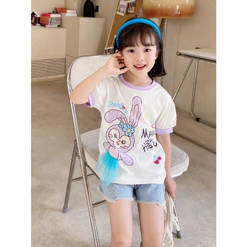 Kaos T-shirt Anak Perempuan Motif Stella Lou Lucu 3D Mesh Puff Sleeve