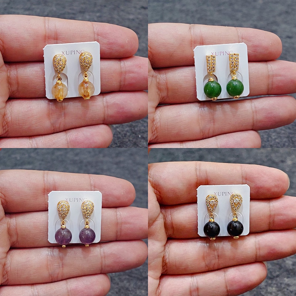 NEW Anting Xuping batu giok rambut sedana alami lapisan emas 24karat original import
