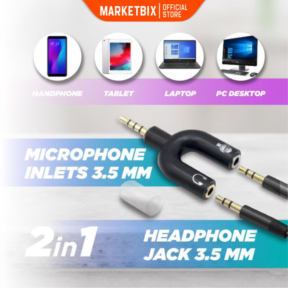 MARKETBIX Penghubung ke Headphone &amp; Mic Audio Splitter U shape 2 in 1 Mic dan audio jack 3.5 mm