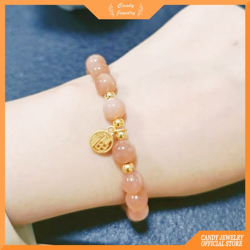 Gelang Tangan Manik-Manik Kristal Strawberry Warna Pink Untuk Wanita