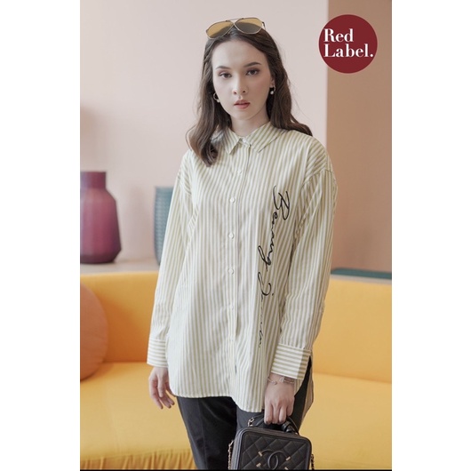 Yellow striped printed logo shirt benang jarum buttonscarves