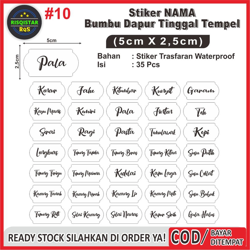 

Stiker Label Transparan Nama-Nama Bumbu Dapur WATERPROOF isi 35Pcs Ready