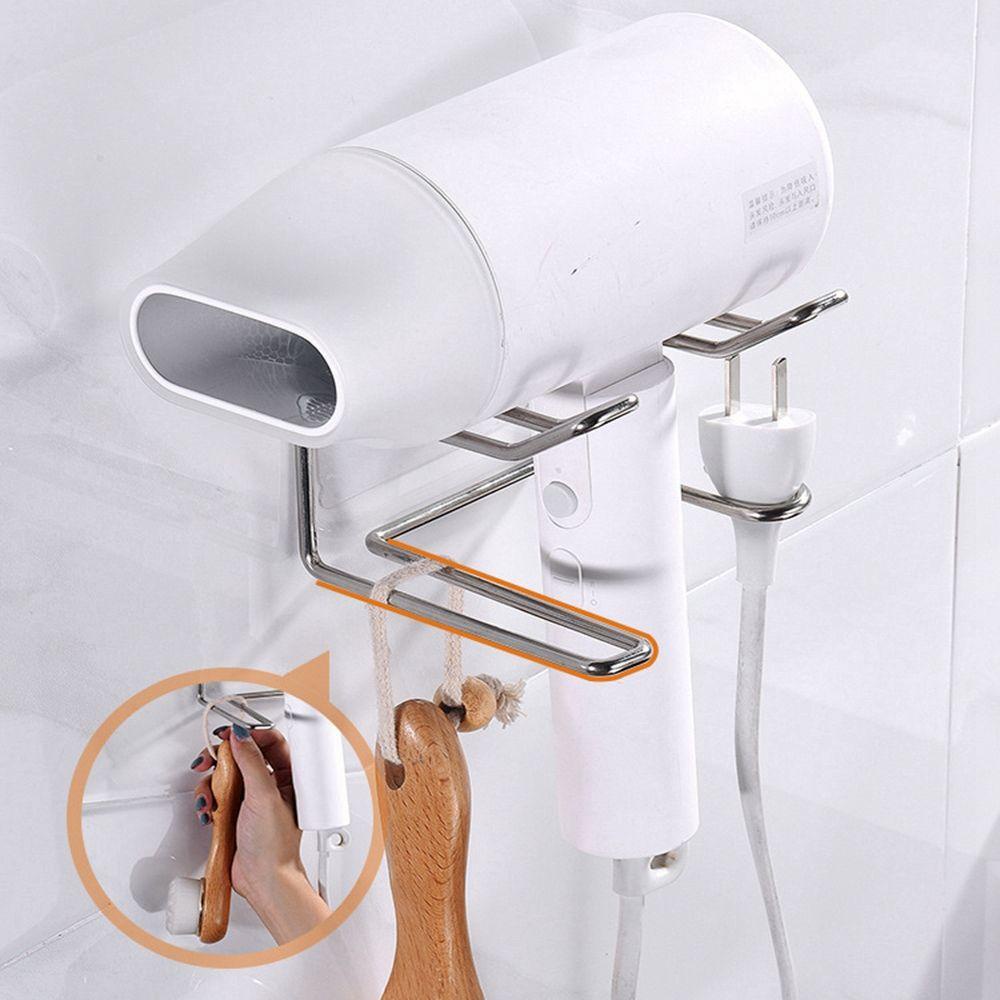 [Elegan] Tempat Pengering Rambut Stainless Steel Penyimpanan Yang Dipasang Di Dinding Aksesoris Rak Penyimpanan Rak Kamar Mandi Hairdryer Holder Rack