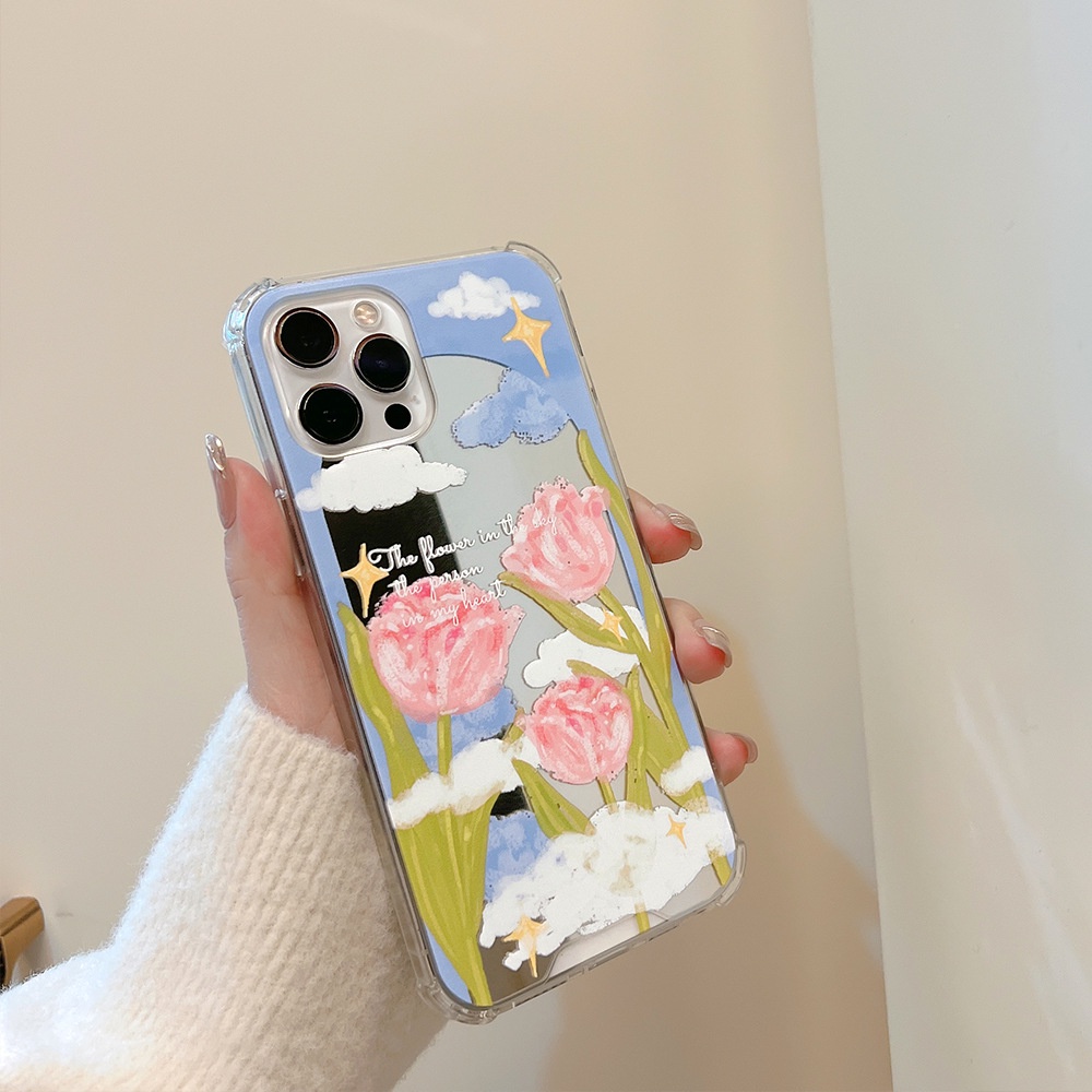 IPHONE Ins Phone Cover Blooming Tulip Mirror Case Untuk Iphone7 8 PLUS X XR XS 11 12 13 14 MINI PRO MAX SE 2020 Pelindung Tahan Guncangan