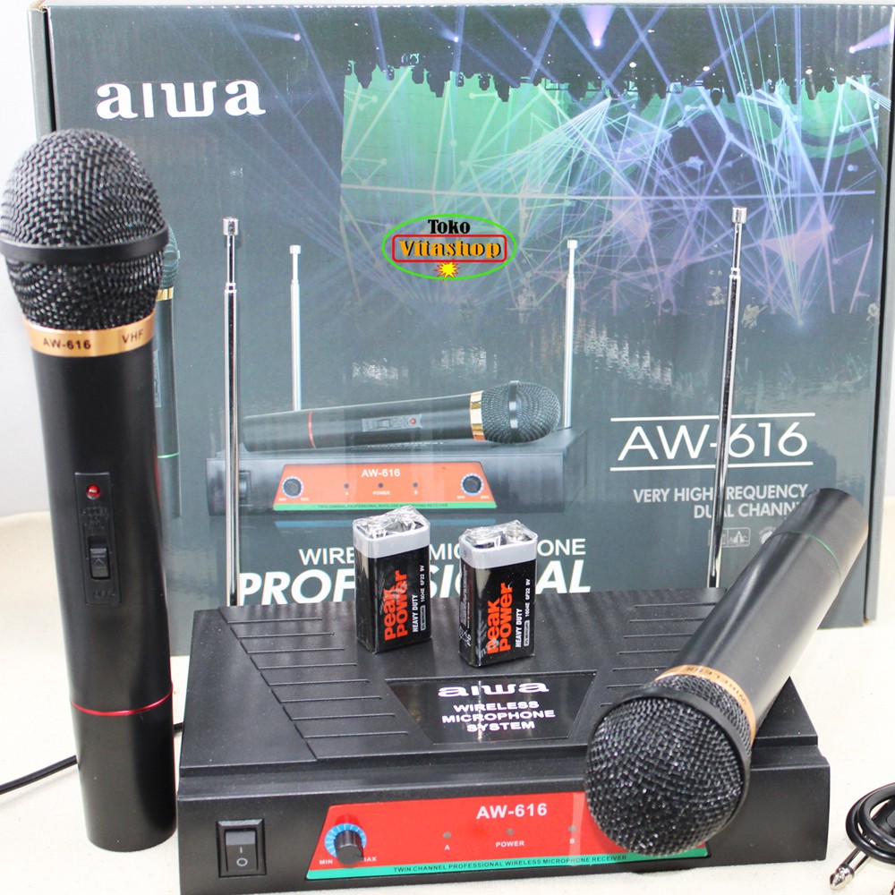 Microphone Wireless Aiwa AW-616 Mic Tanpa Kabel 2 Handle Mik Werles