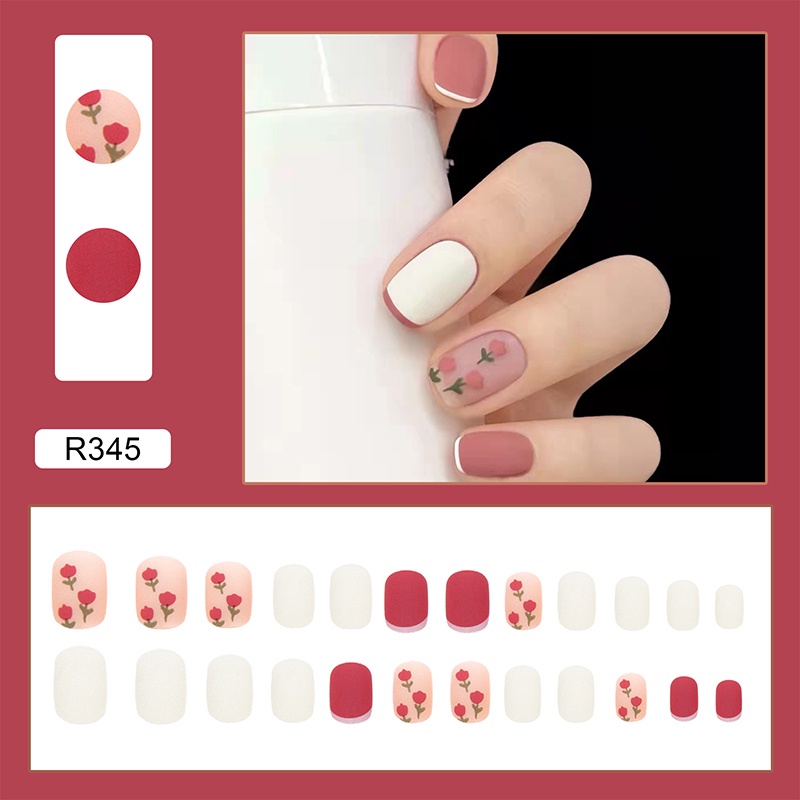 24pcs / Kotak Kuku Palsu Bentuk Persegi Desain Tulip Frosted