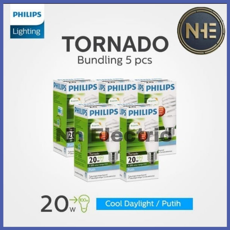 Lampu Philips Tornado 20W Watt Putih CDL E27 - Spiral 20 Watt Philips White 220V SNI Bundling 5 Pcs