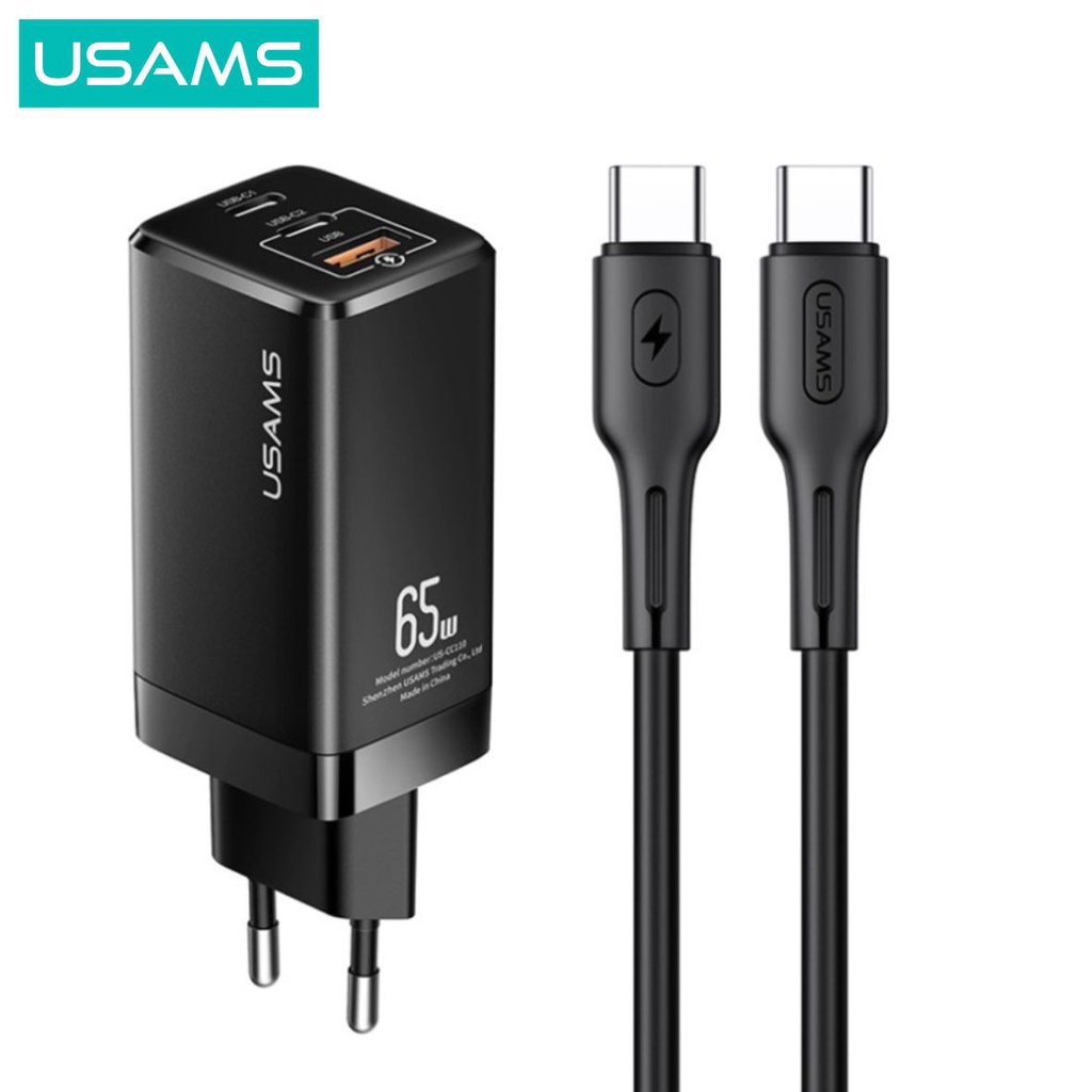 USAMS  Mac Tu Series Charger GaN 65W + Kabel Data PD Fast Charging