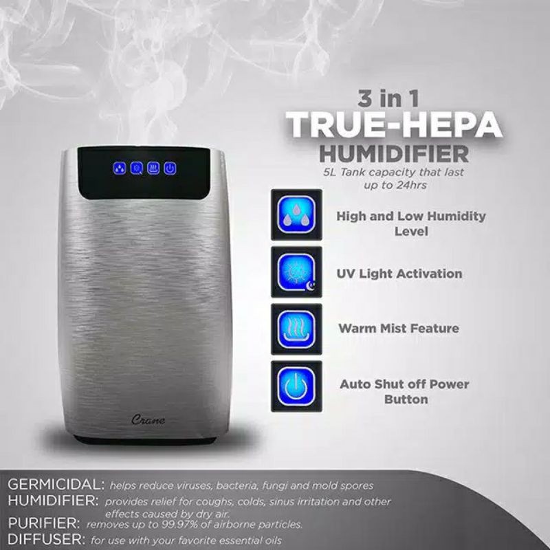 CRANE 4 IN 1 AIR PURIFIER AND HUMIDIFIER / Crane Humidifier 4 in 1 True Hepa EE-6908 / crane / PENGHARUM RUANGAN / PENYEGAR UDARA / PURIFIER / KESEHATAN UDARA / HEPA FILTER / IONIZER / ESSENTIALS OIL / ORIGINAL / BARU / CRANE MURAH / GARANSI RESMI