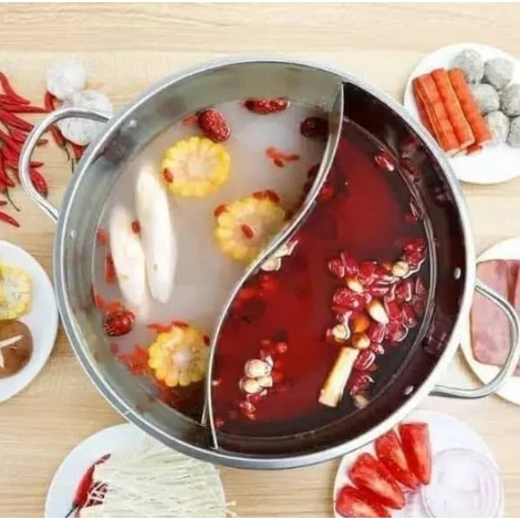 Panci shabu sabu 2 sekat mangkok sup steambot hot pot tutup kaca diameter 28cm stainless steel