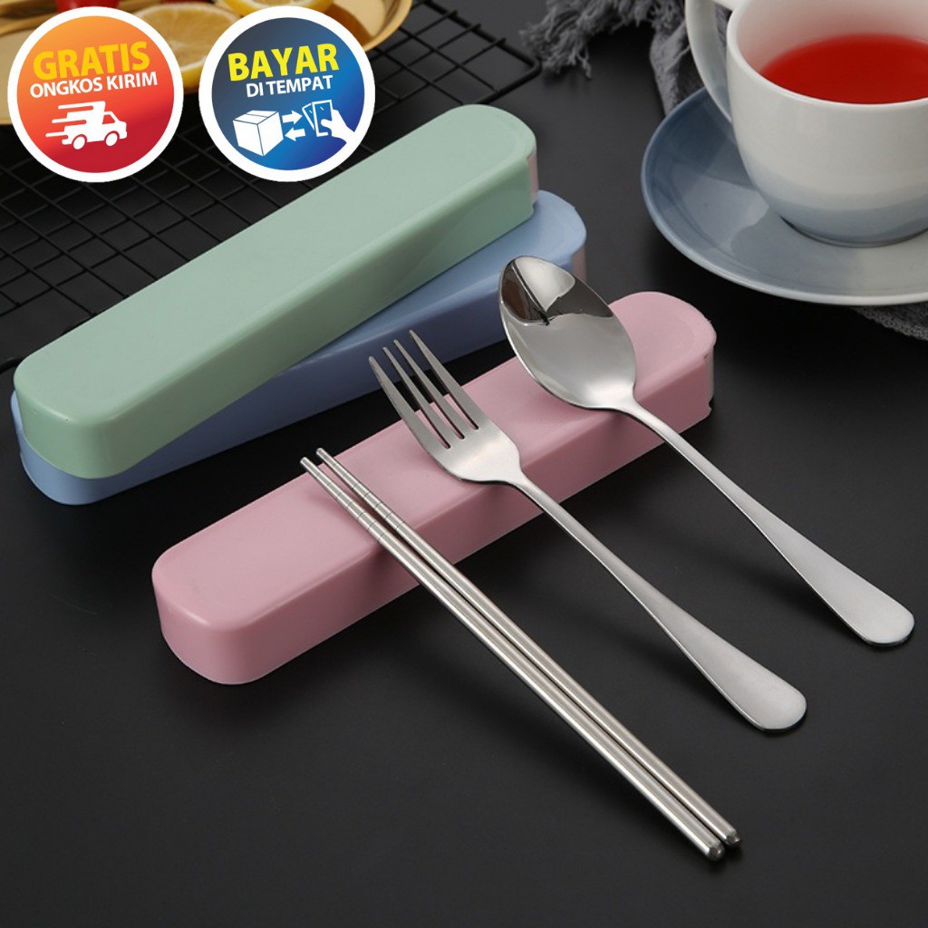 Sendok Set kotak plastik Stainless Alat Makan spoon garpu sumpit travel Sendok set travel sendok