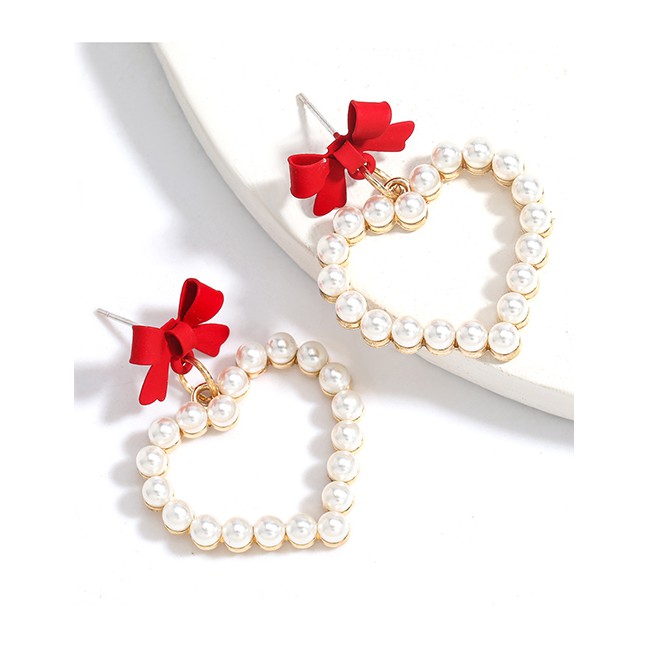 LRC Anting Tusuk Fashion Alloy Painted Bow Love Imitation Pearl Earrings P09252