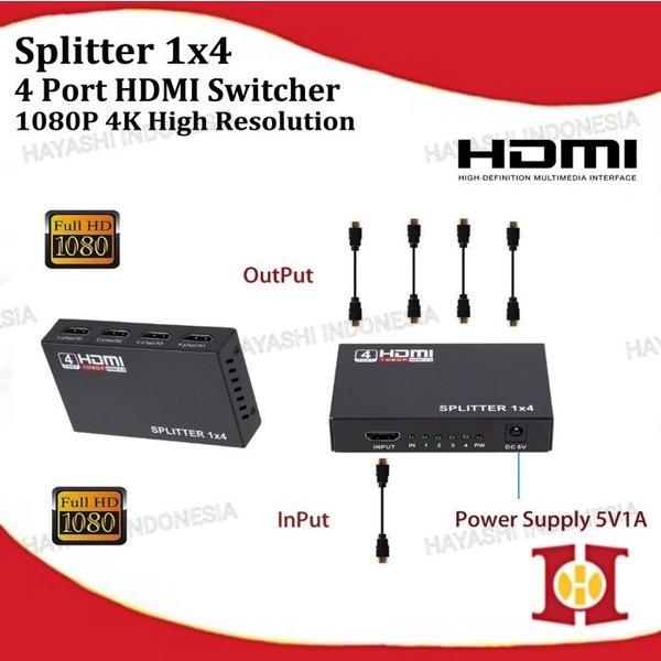 HDMI Splitter 1 In 4 Out Port Hub Repeater Amplifier 4K Ultra HD 3D