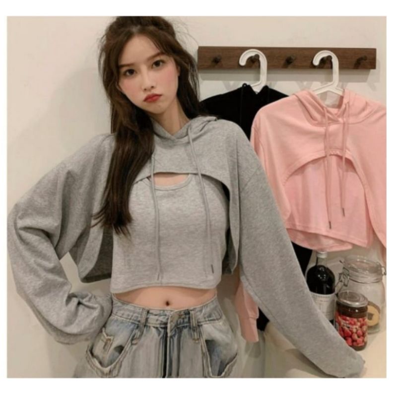 Jaket Hoodie sweater oversize pakaian pria wanita Outerwear Korean Style KINARA CROP TOP KOREA