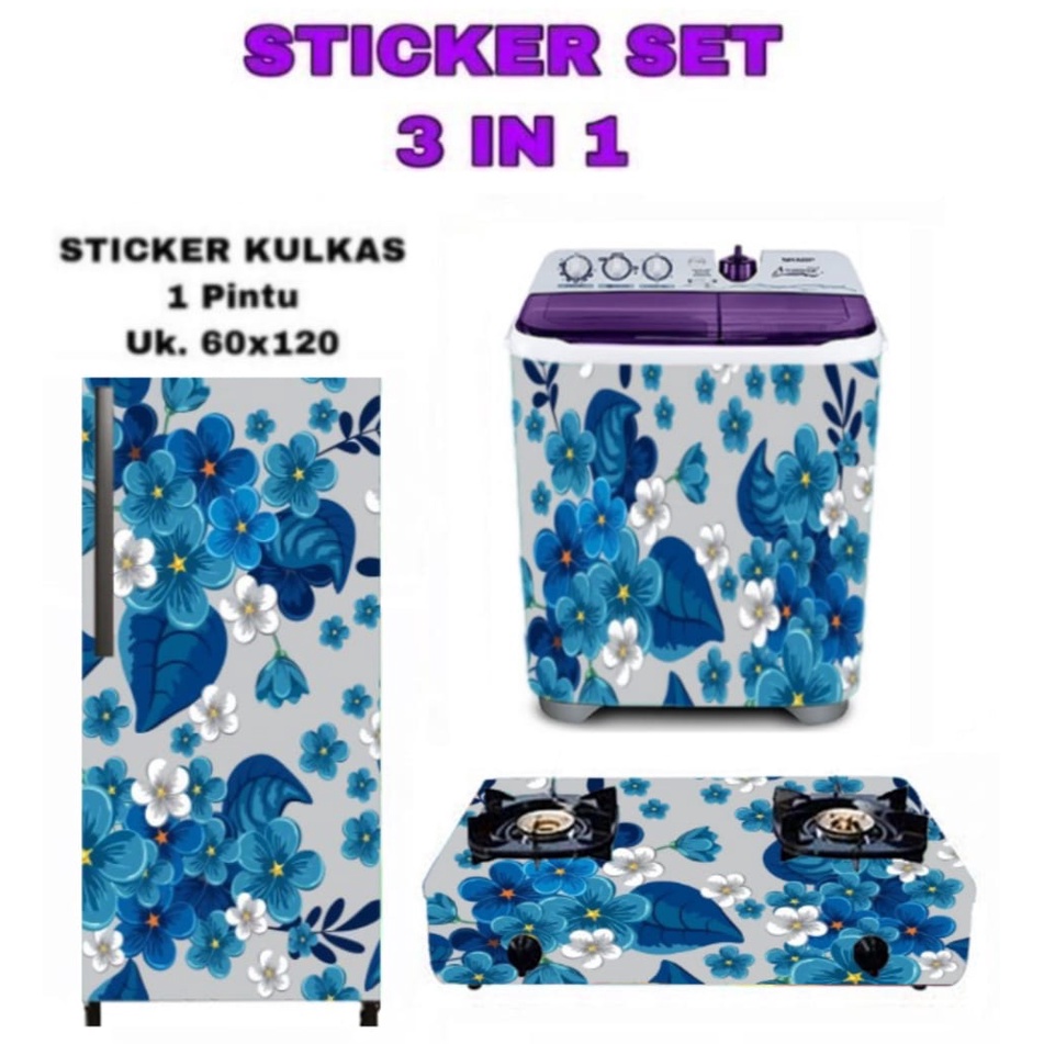 Stiker Kulkas 1 Pintu Set 3 In 1 Motif Bunga Sakura Biru Putih