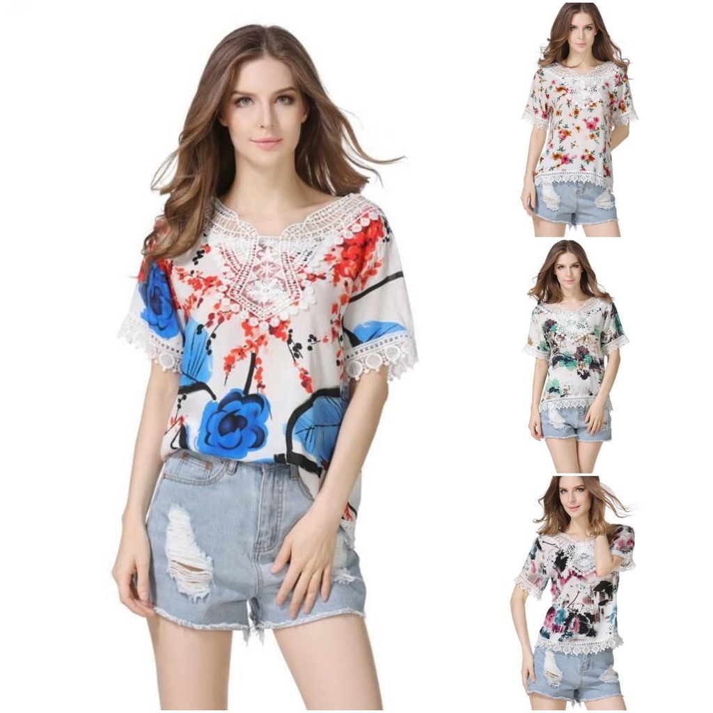 BLOUSE A129231 - ATASAN BAJU WANITA BLOUSE BUNGA COTTON HIAS RENDA BROKAT BRUKAT LACE BANGKOK IMPORT