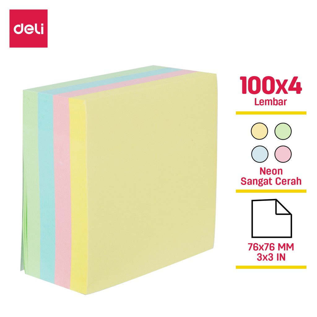 

Deli Memo tempel - Note Pad 76×76mm 4 warna 25/100 sheet perekat yang kuat dan tahan lama EA01703