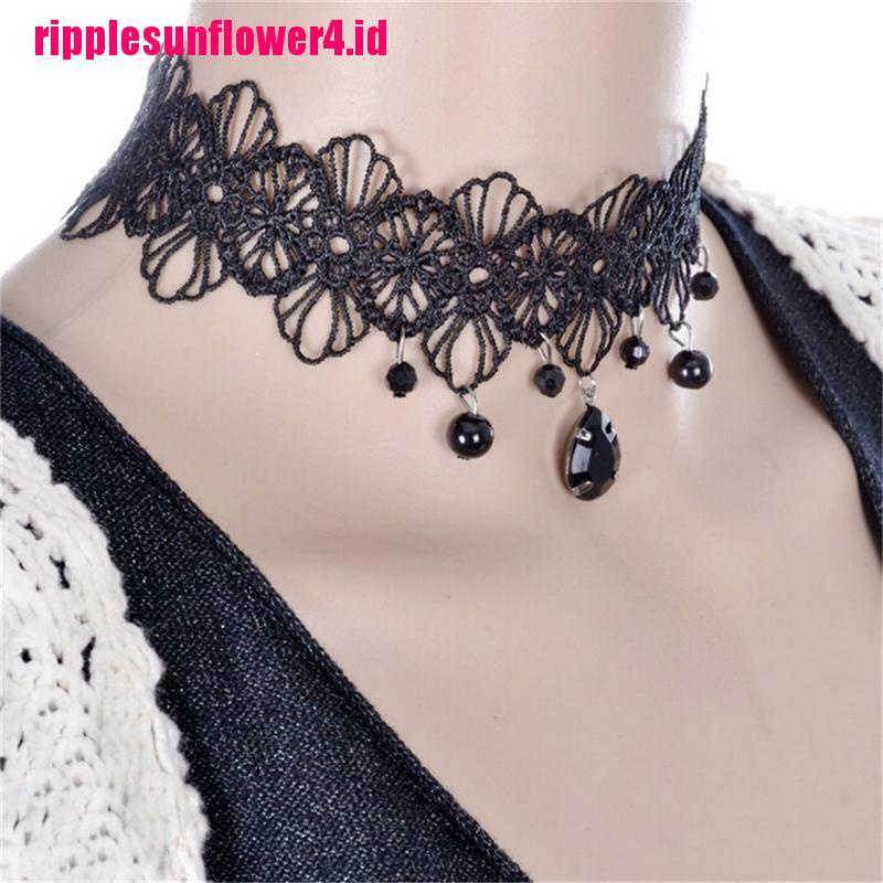 Kalung Choker Bahan Lace Motif Bunga Warna Hitam Gaya Gothic Retro