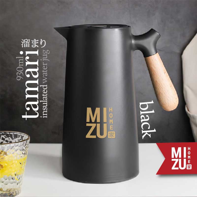 MIZU TAMARI 930ml Insulated Water Jug Teko Termos Kaca Air/Kopi/Teh Panas/Dingin Thermos Glass Jug-BLACK hitam