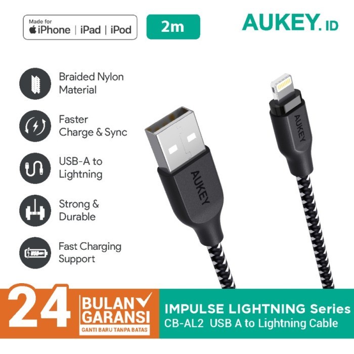 Aukey Kabel Charger USB Type A to Lightning PD MFI 2M Nylon - CB-AL2