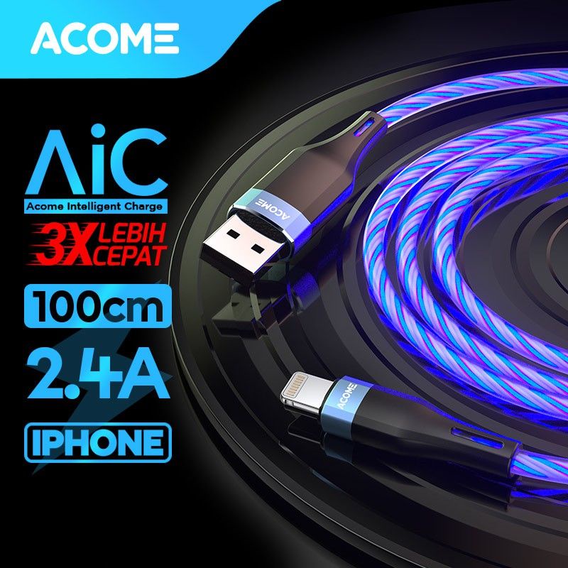 ACOME Kabel Data Fast Charging Glowing LED Flowing Light Effect Garansi