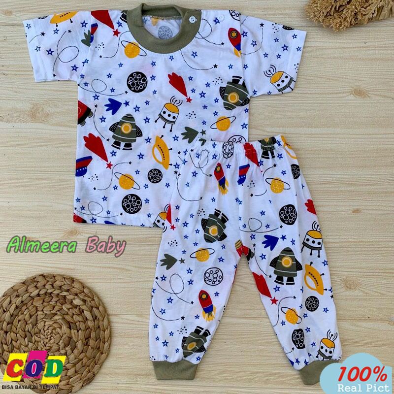 Setelan Baju Bayi Setelan Piyama Bayi Lengan Pendek Celana Panjang Kancing Pundak Usia 3-12 Bulan Almeera Baby and Kids