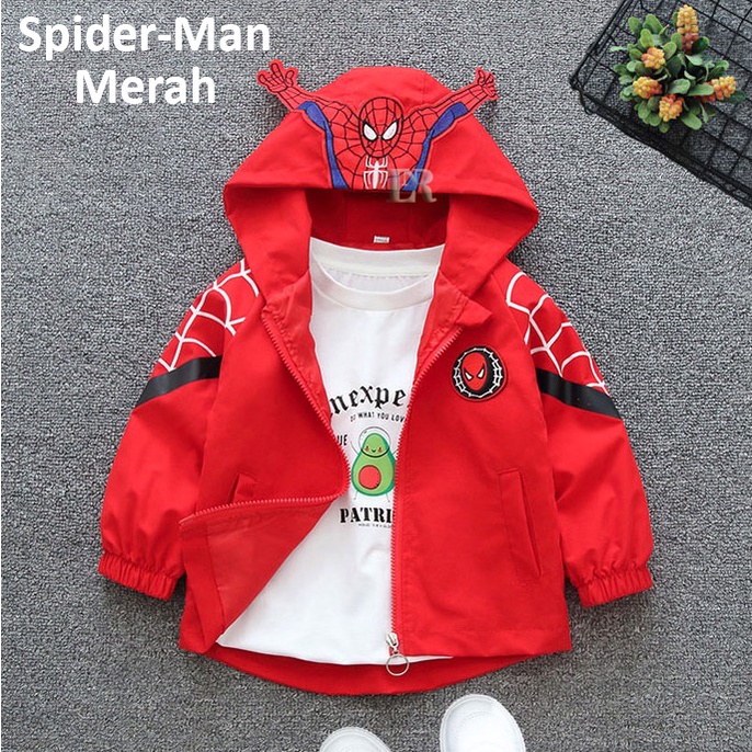 Jaket Anak Laki - Laki Motif Gambar Spider Man Dilengkapi Dengan Topi Hoodie Sweater Bahan Parasut Anti Air Anak Cowok Premium Quality Import for Boy Boys Jacket Cocok untuk Musim Panas atau Musim Dingin Baju Pakaian Hangat Spiderman