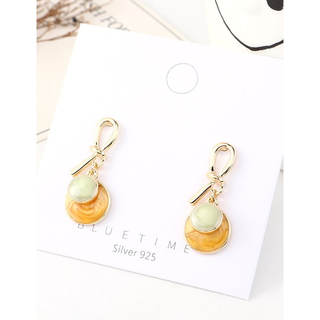 LRC Anting Tusuk Fashion Green + Light Yellow Dripping Small Disc Knotted Earrings Y63118