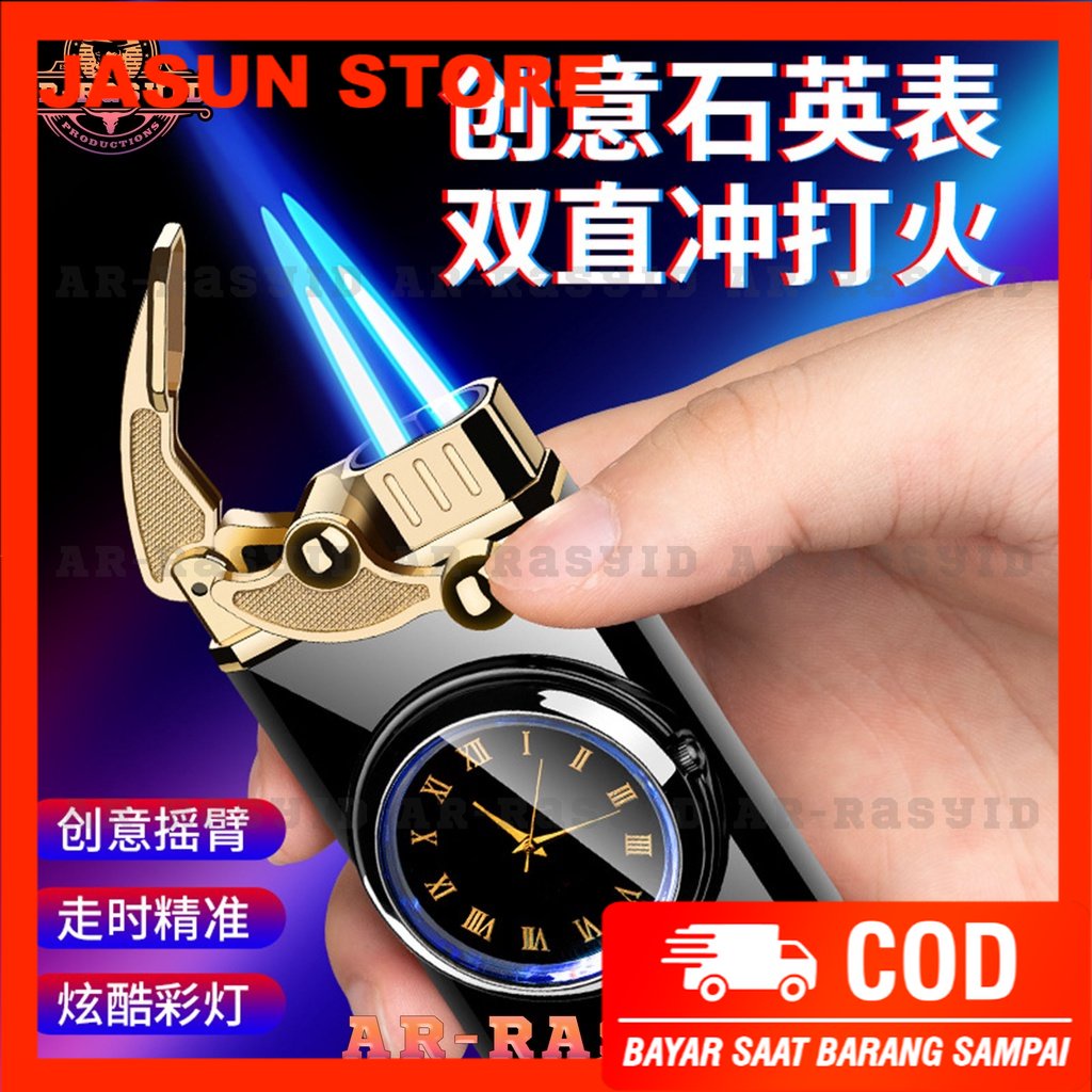 BISA COD! Korek Api 2 Api Las Gas Jam Elegan Watch Rocker Clock Lighter QD-2023 1904