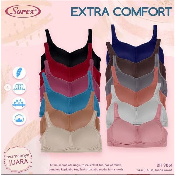 BRA EXTRA COMFORT SOREX 9861 BH Super Nyaman sz 34 36 38 40  busa tipis tanpa kawat BTK