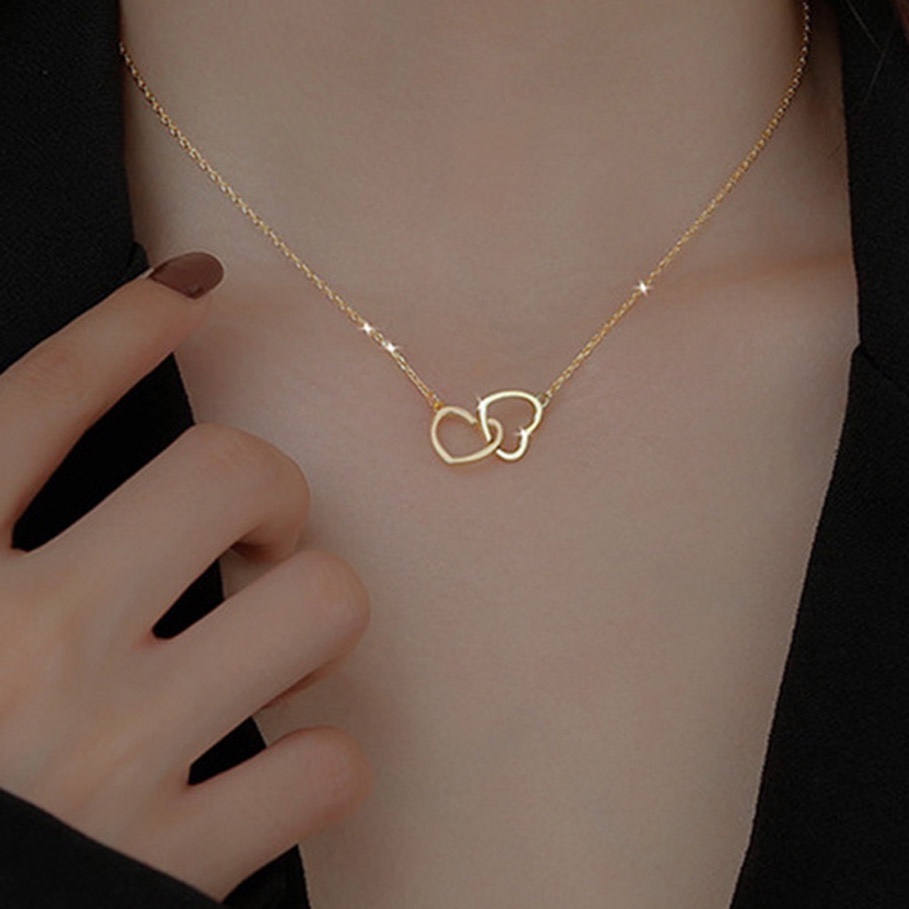 Kalung Rantai Choker Liontin Hati Ganda Bahan Logam Warna Emas Perak Untuk Wanita