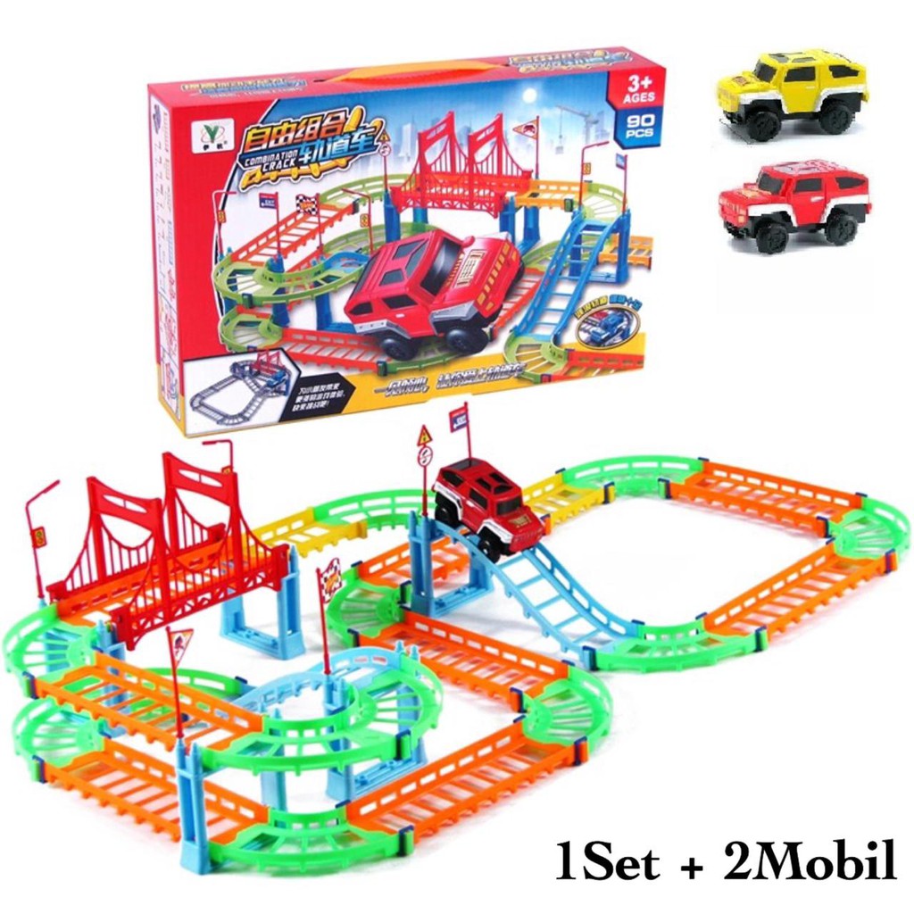 [ Funny ] 90Pcs Mainan Anak Edukasi Track Mobil / Mainan Jalur Kereta Api Bisa Bongkar Pasang-Warna 1set + 2mobil