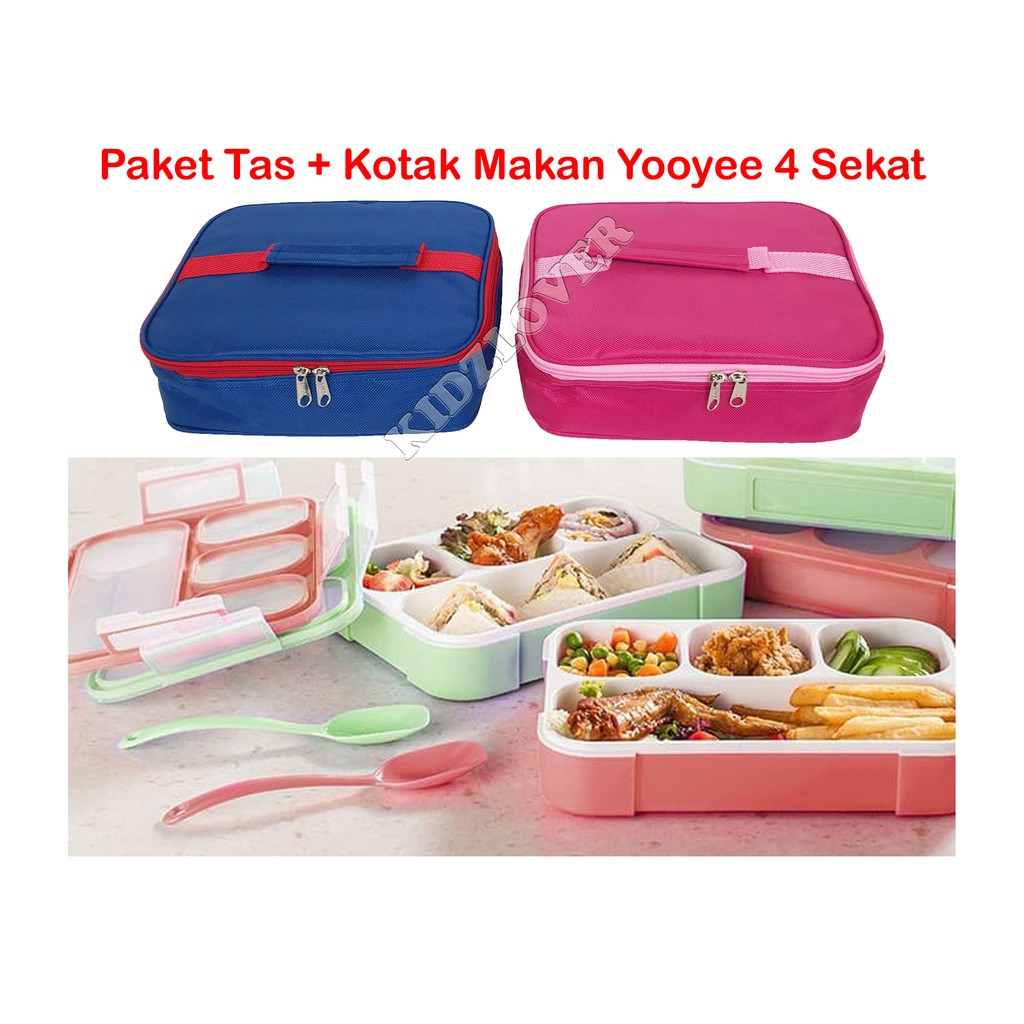 Paket Lunch Box Yooyee 4 Sekat + Lunch Bag Polos / 2 in 1 / Tas Bekal Kotak Makan