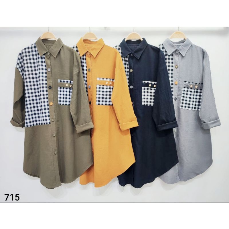Tunik Kemeja Katun Linen Import Kombinasi Kotak Kecil Kece FellA#715