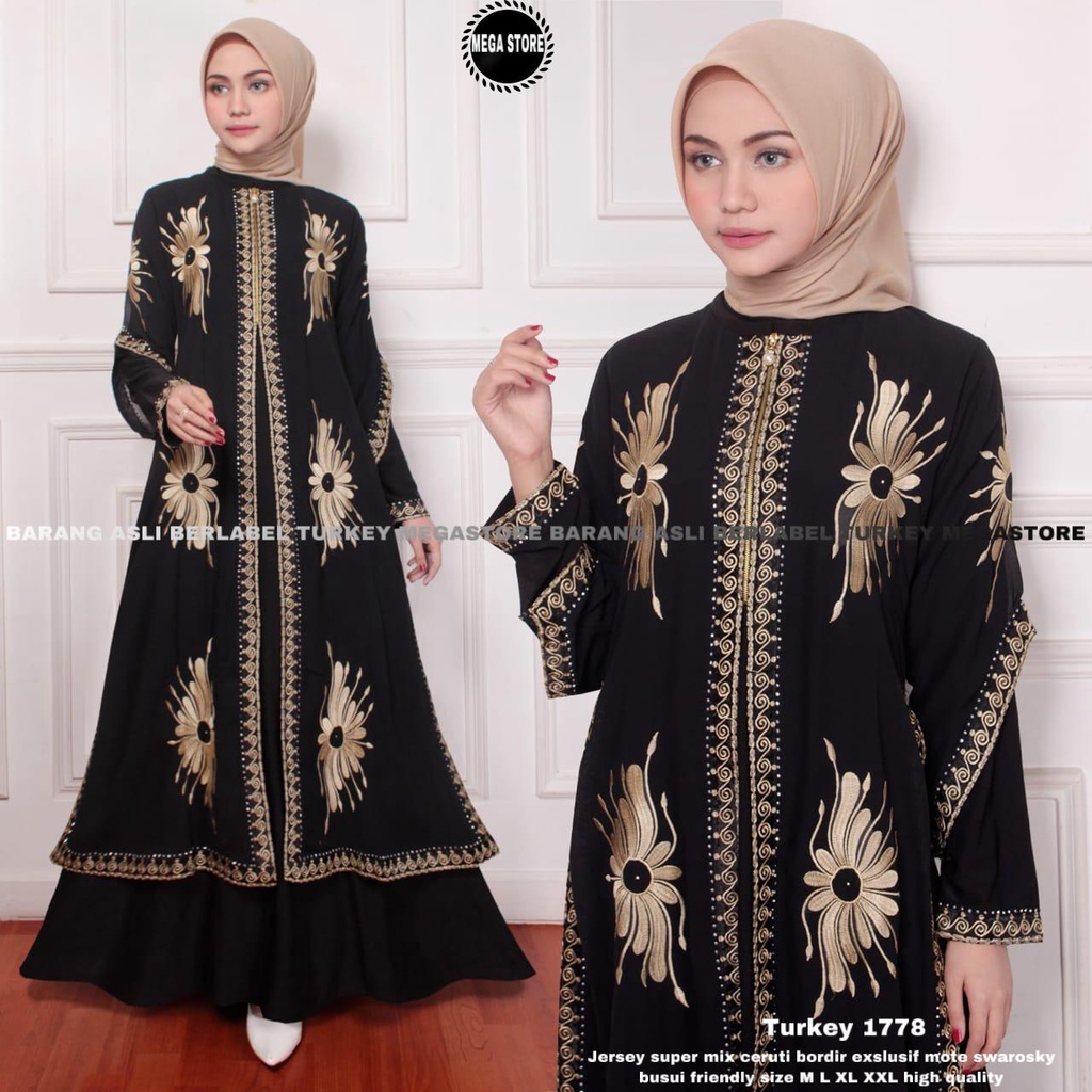 TERBARU TERMURAH 100% ORIGINAL Abaya Turki Hitam Khas Arab Full Bordir Emas/Gold Eksklusif Jersey mi