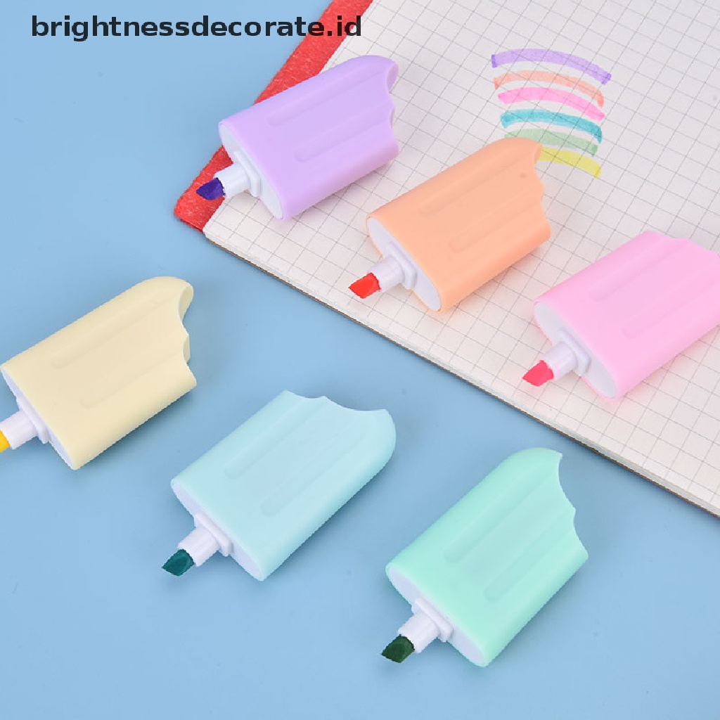 6pcs / Pak Highlighter Bentuk Es Krim Warna Permen Untuk Perlengkapan Sekolah / Kantor