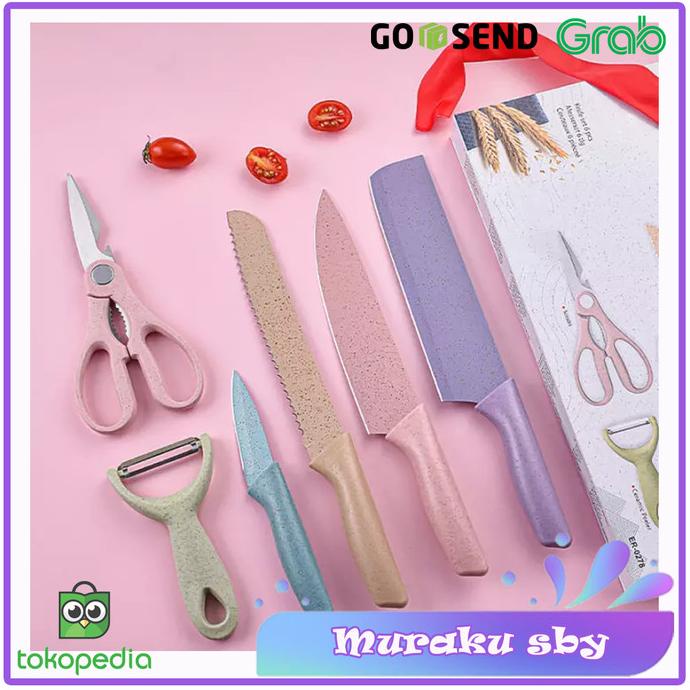 :=:=:=:=] PISAU DAPUR SET 6 PCS KITCHEN KNIFE CORRUGATED COLORFUL ER 0278